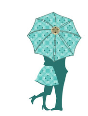 Couple kissing under teal umbrella 