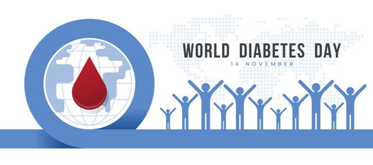 world diabetes day - blood drop and global world in line blue circle symbol with humans raising hands and dot map world texture background vector design
