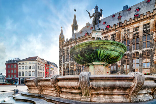 The Karlsbrunnen, also market fountain, is located on the market in Aachen directly in front of the Aachen town hall.