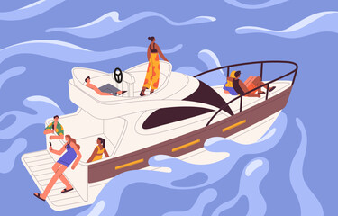 People travel by sea. Men and women friends swimming, sailing on yacht, relaxing on decks of ship boat on summer vacation. Relaxation on water vessel on holiday trip. Colored flat vector illustration