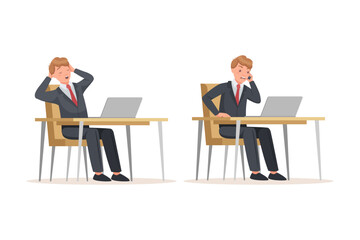 Office Man in Suit at Desk with Laptop Speaking by Phone and Yawning Engaged in Workflow Vector Set