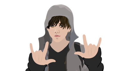 A young person wearing grey wind breaker, black t -shirt and carrying a blackjack gives a peace hand sign, minimalistic illustration vector  © libera caballo
