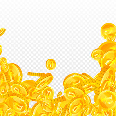 Russian ruble coins falling. Scattered gold RUB
