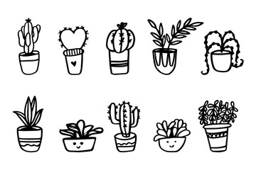 Hand-drawn houseplants. Vector doodles. House plants in pots