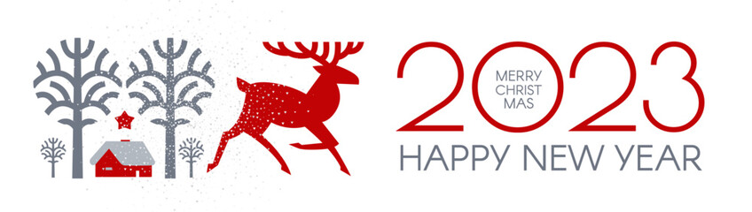 Happy New 2023 Year Christmas flyer with reindeer and winter landscape. Nordic design