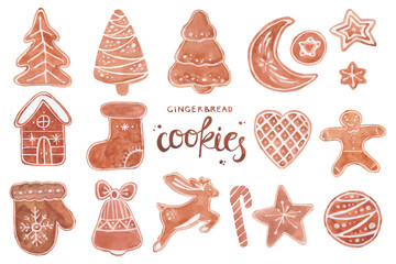 Obraz premium Big set of Gingerbread cookie. Holiday treat in shape of xmas house, bell, snowflake, man, star, snowman, deer vector illustration isolated on white background