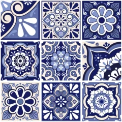 Gordijnen  Mexican seamless tile vector pattern big set with flowers, leaves and geoemtric shapes in navy blue © redkoala