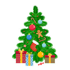 Christmas fir tree with gifts isolated on white background. Cartoon flat illustration. New Year card.