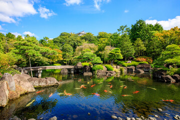池と木々が美しい日本庭園の風景