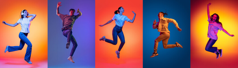 Fototapeta na wymiar Collage of portraits of young excited expressive people jumping, dancing isolated on multicolored background in neon light. Music, dance, youth, energy