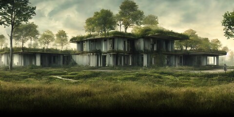 Fototapeta premium Architecture of the future, a ruined city overgrown with greenery. Concept art, idea for inspiration.
