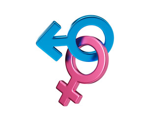 Two female and male sex symbols isolated on transparent background. Venus symbol for women and mars symbol for men. Gender sign. Love, heterosexual couple, relationship. 3D rendering.
