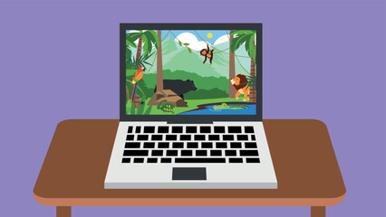 Fototapeta na wymiar Laptop with jungle animals on desktop screen