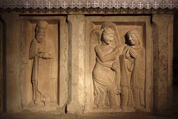 Altar detail in the romanesque cathedral of Santa Maria Assunta in Castell'Arquato, Piacenza (Italy), medieval village in the region of Emilia Romagna