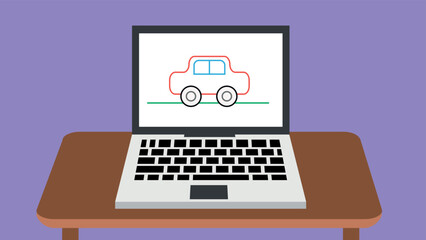 Laptop with car drawing on desktop screen