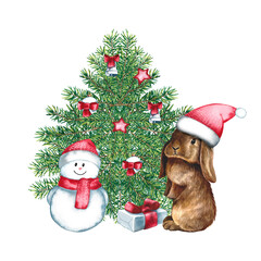 Rabbit in a Santa Claus hat near the Christmas tree with a snowman and a gift. Watercolor illustration.