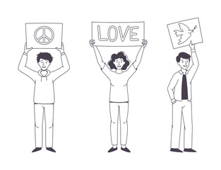 Man and Woman Character Partaking in Demonstration for Peace with Placard Vector Set