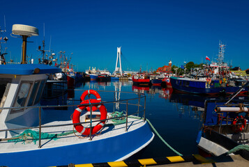 2022-06-02 view of harbor with yachts at mouth of Slupia on the sunset. baltic sea, ustka, poland © fotomaster