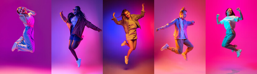 Naklejka na ściany i meble Collage of portraits of young excited expressive people jumping, dancing isolated on multicolored background in neon light. Music, dance, youth, energy