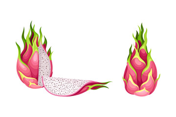 Pitaya or Pitahaya Fruit of Cactus Species with White Flesh and Black, Crunchy Seed Vector Set