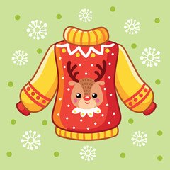 Vector illustration with a warm Christmas sweater on a background with snowflakes.