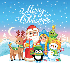 Obraz na płótnie Canvas Vector illustration with New Year characters. Christmas card in cartoon style