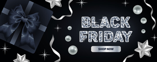 Black Friday. Bright horizontal vector illustration for sale, realistic style. Silver stars and ribbons, Gift boxes, satin bows, pearl. Brilliant lettering. For advertising banner, website, flyer