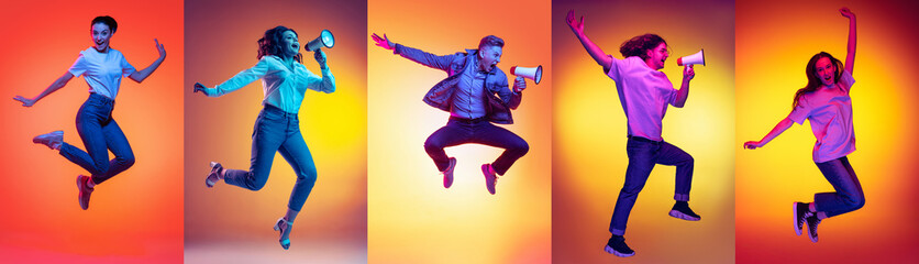 Collage of portraits of young excited expressive people jumping, dancing isolated on multicolored...