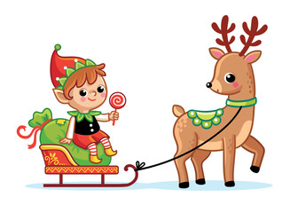 Christmas picture with a deer and an elf on a sleigh. Vector illustration with fairy tale characters