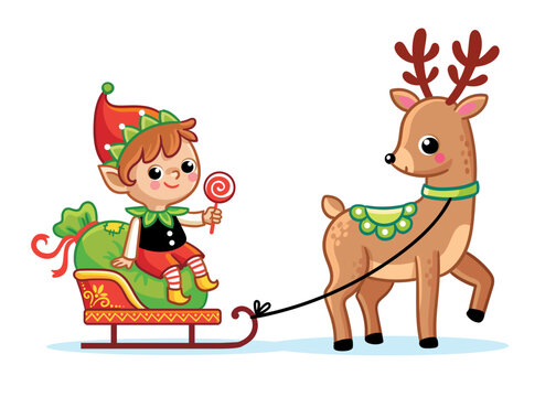 Christmas picture with a deer and an elf on a sleigh. Vector illustration with fairy tale characters