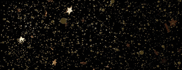 Abstract background with golden stars and glitter isolated on black. 3D render illustration.