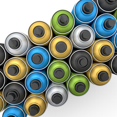 Set of spray paint cans in row on white background. Spray bottle and dispenser