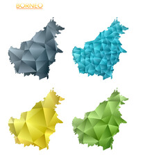 Set of vector polygonal maps of Borneo. Bright gradient map of island in low poly style. Multicolored Borneo map in geometric style for your infographics. Vibrant vector illustration.