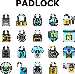 padlock lock safe password key icons set vector. privacy secure, security protection, internet element, web keyhole, system secret padlock lock safe password key color line illustrations