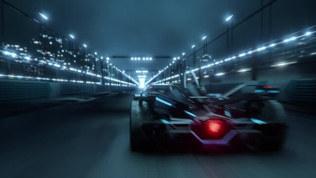 Fast Accelerating High Performance Electric Racing Car is Driving on Track at Night Time. Camera follows the Vehicle.