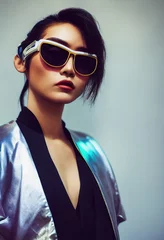 Ein Porträt einer kreativen Schönheit mit ausgefallenen Kopfhörern. Ein Liebhaber modischer Musik vor einer Kulisse aus bunten Lichtern. © designprojects