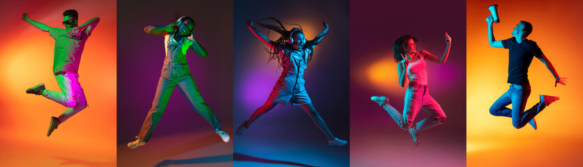 Freedom. Collage with young different active boys and girls dancing isolated on multicolored background in neon light. Music, dance, youth, energy