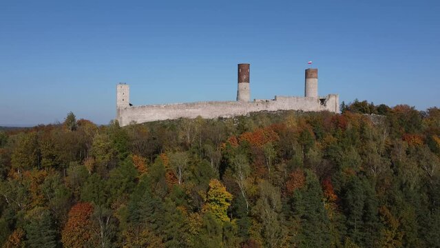Checiny Castle photographed from above overlooking the city of Checiny, Poland.