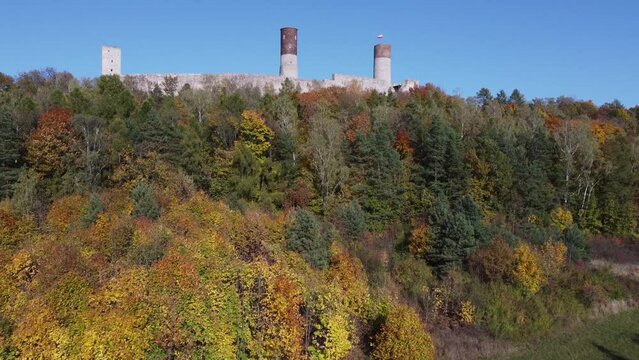 Checiny Castle photographed from above overlooking the city of Checiny, Poland.
