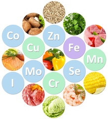 Essential trace elements of the human body include zinc (Zn), copper (Cu), selenium (Se), chromium (Cr), cobalt (Co), iodine (I), manganese (Mn), isolated on white background - Circle