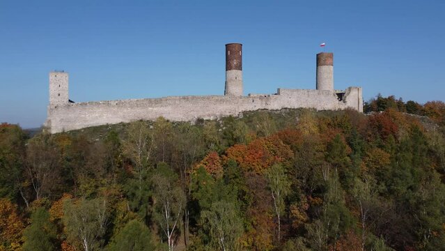 Checiny Castle photographed from above overlooking the city of Checiny, Poland.