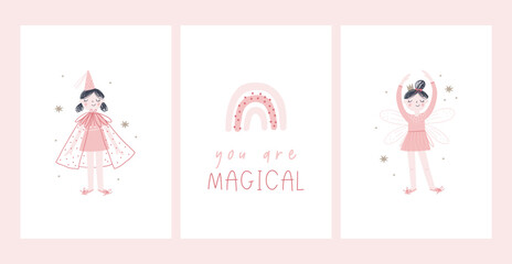 Cute little girl fairy princess vector print. Fairytale girl character with wand stick and crown. Flat vector illustration - magical kingdom