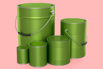 Set of metal can or buckets of paint in row pattern on pink background.