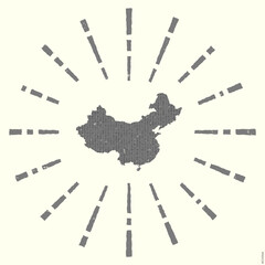 China Logo. Grunge sunburst poster with map of the country. Shape of China filled with hex digits with sunburst rays around. Modern vector illustration.
