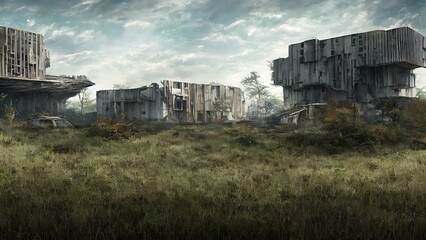 Architecture of the future, a ruined city overgrown with greenery. Concept art, idea for inspiration.