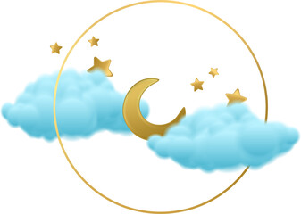 Greeting card elements with half moon in clouds and stars.vector illustration