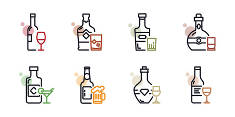 Black linears alcoholic drinks bottle and glass set of 8 icons. Beer, vine, cognac, tequila, vodka, brandy bottle to alcohol bar menu.