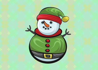 Christmas Cute Little Cheerful Snowman with Red Scarf and Santa Cap. Christmas cute cartoon character.