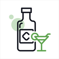 Black linear bottle of tequila alcohol with cocktail glass, lemon and tubule. Bar menu vector icon design.