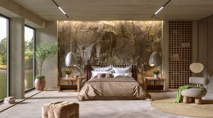 Natural Mountain Rock Wall in modern bedroom interior, 3d render	